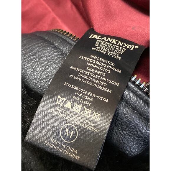 Blank NYC Womens Black Faux Fur Long Sleeve Zip Up Moto Bomber Coat Jacket Sz M - Picture 4 of 4